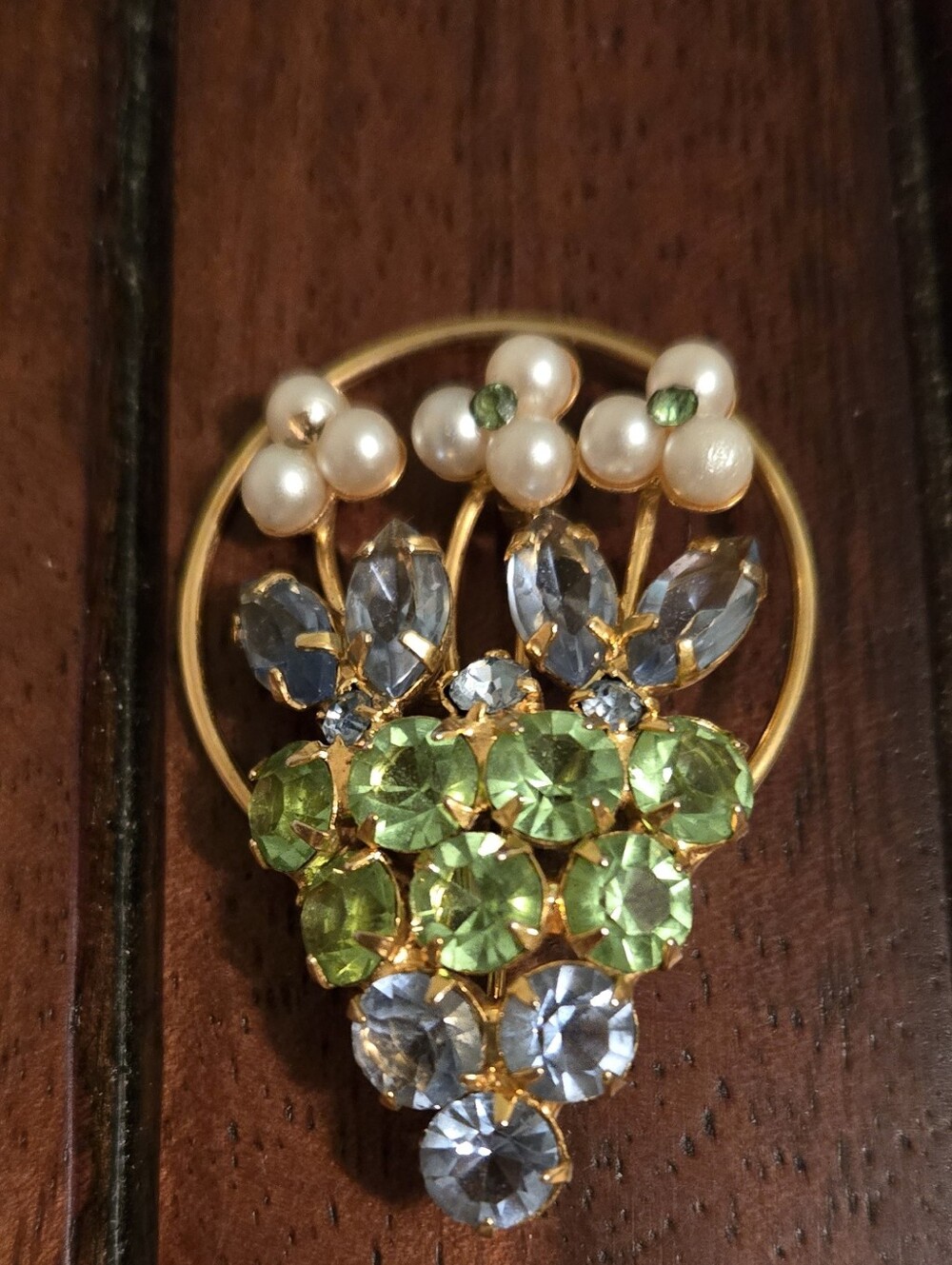Vintage Green Blue Rhinestone Faux Pearl Brooch